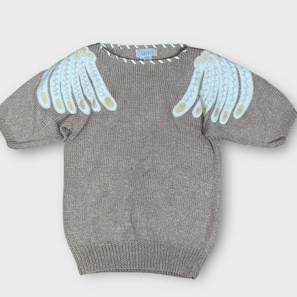 Nannell Hand Knit Sweater Art to Wear Leather Wing Shoulder Detail Large Vintage